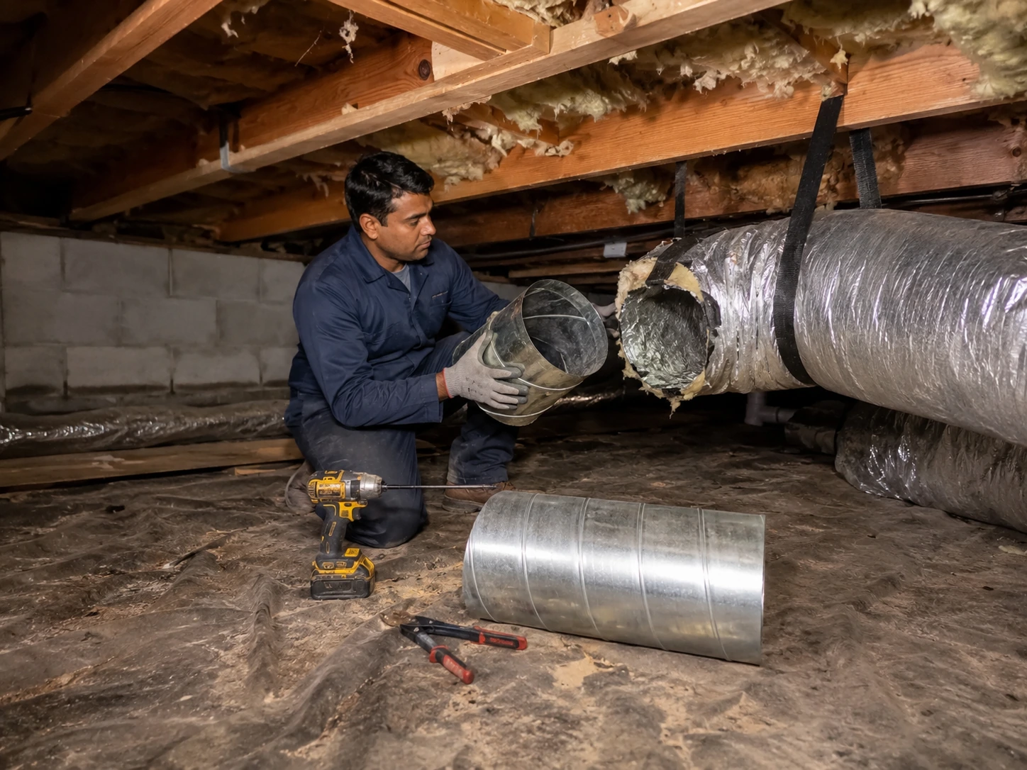 Secure New Duct Coupler in Crawlspace