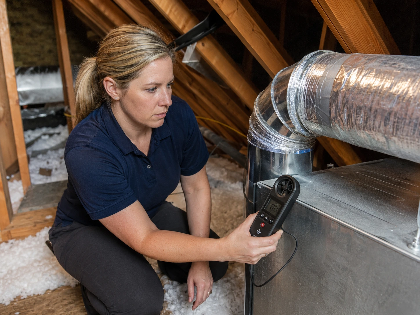 Measure Airflow at Repaired Attic Duct Connection