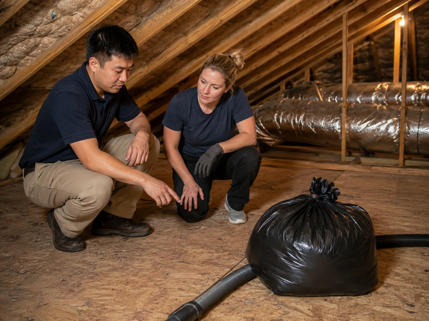 Remove Dirty Insulation Debris Into Disposal Bag
