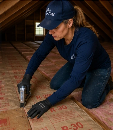 Staple Kraft Faced Batts Across Attic Floor Joists