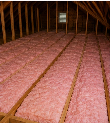 Show Completed Fiberglass Roll Coverage Across Attic Floor