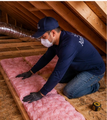 Press Fiberglass Insulation into Open Attic Joist Bays