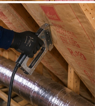 Staple Faced Fiberglass Insulation Along Attic Rafters
